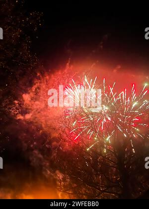 The vibrant red fireworks in the background Stock Photo