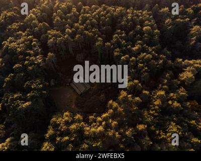 Aerial view of Cwm Ivy Lodge Bunkhouse at Whiteford Point on the Gower Peninsula, South Wales, UK: Phillip Roberts Stock Photo