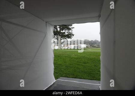 Pebble Beach, USA. 30th Jan, 2024. Pebble Beach, Monterey, California, USA - January 30th 2024 The 18th green complex which has been totally re-vamped for the event for the second 'Signature' event of USA PGA Tour season at the famous Pebble Beach Links. Credit: Motofoto/Alamy Live News Stock Photo