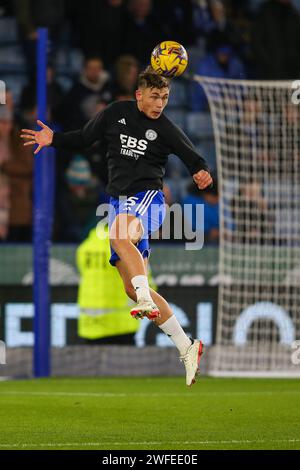 Callum Doyle of Leicester City heads the ball during the pre-game warmup ahead of the Sky Bet Championship match Leicester City vs Swansea City at King Power Stadium, Leicester, United Kingdom, 30th January 2024 (Photo by Gareth Evans/News Images) in, on 1/30/2024. (Photo by Gareth Evans/News Images/Sipa USA) Credit: Sipa USA/Alamy Live News Stock Photo