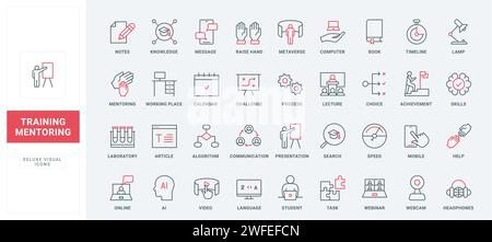 Training, mentor and business expert advices line icons set. Guidance, coach workshop to help and teach students improve potential skills thin black and red outline symbols, vector illustration Stock Vector