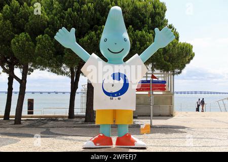 The Expo 98 mascot in the Park of Nations Lisbon was conceived by the Portuguese duo of painter António Modesto and sculptor Artur Moreira. It is named Gil, after Portuguese navigator Gil Eanes. Stock Photo