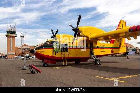 Royal Moroccan Air Force Canadair CL-415 aerial firefighting plane at the Marrakesh Air Expo. Marrakech, Morocco - April 28, 2016 Stock Photo