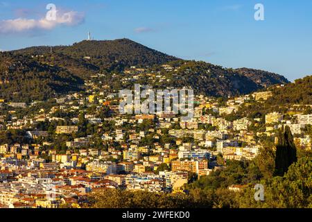 Nice, France - July 30, 2022: Nice panorama with Riquier, Cimiez and Saint Roch historic old town districts with Alpes mountains at French Riviera of Stock Photo