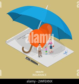 Health insurance flat isometric vector concept. People are standing on the signed health insurance policy, near them are a big heart symbol and all th Stock Vector