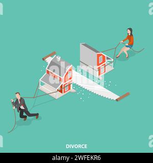 Divorce flat isometric vector concept. Man and a woman are dragging their half of the sawn house. Stock Vector