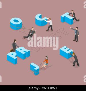 Project flat isometric vector concept. Group of people are moving big letters to their places to comlose the word PROJECT. Stock Vector