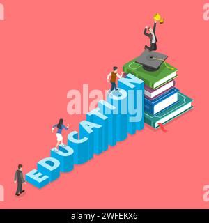 Education flat isometric vector concept. People are climbing into graduation cap that is on the pile of books. They do it using stairs that made of le Stock Vector