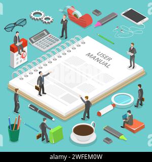 User manual flat isometric vector concept. People, surrounded with some office stuff, are discussing a content of the guide book. Stock Vector