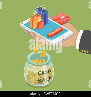 Cash back flat isometric vector concept of loyalty program campaign, money refund. Stock Vector