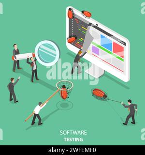 Software testing flat isometric vector concept. People are taking off the web page that looks like paper sheet to search and catch software bugs. Stock Vector