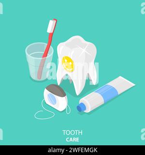 Tooth care flat isometric vector. Big white tooth with smiley face sticker on it, toothbrush in the glass, toothpaste and dental floss are located tog Stock Vector