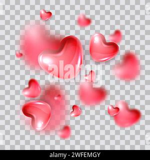 Red realistic 3d glass blurred hearts. Vector glossy plastic design elements. Heart shape isolated on transparent background Stock Vector