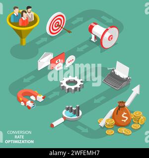 Conversion rate optimization flat isometric vector. Represents infographics of CRO process. Stock Vector