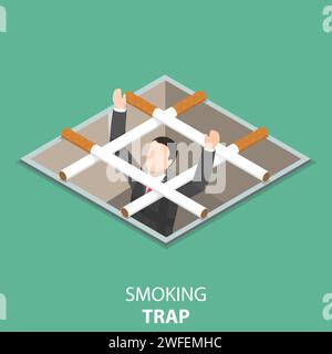 Smoking trap flat isometric vector concept. Man has got into a pit with a grid made of cigarettes and asking for help. Stock Vector
