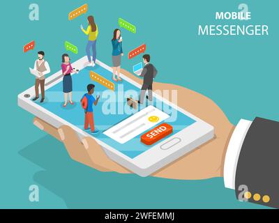 Mobile messenger flat isometric vector concept. Smartphone in the hand with chatting people on it. Stock Vector