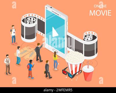 Online movie flat isometric vector concept. Composition with a smartphone and film tape going through it, surrounded by reels, popcorn, glasses and wa Stock Vector
