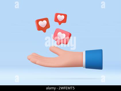 3d Cartoon Hand. Like heart icon on a red pin Stock Vector