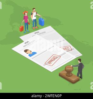 Visa application flat isometric vector concept. Young couple with trunks for traveling are staying in front of the embassy official, with two approved Stock Vector