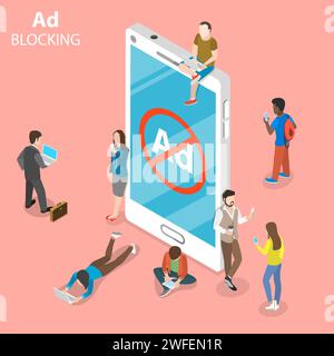 Ad blocking flat isometric vector concept. People surrounded a smartphone with sign of blocked advertisment. Stock Vector