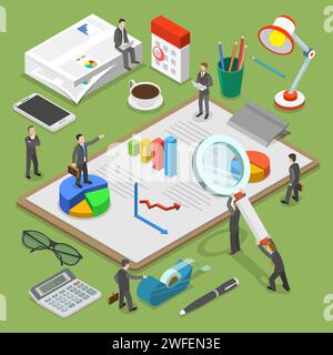 Financial audit flat isometric vector concept. People surrounded by some office stuff are investigating and discussing some financial documents. Stock Vector