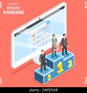 Search engine ranking flat isometric vector. First 3 winners of the SEO ranking are standing on the champion pedestal. Stock Vector