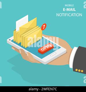 Email notification flat isometric vector concept. A hand is holding a smartphone with several envelopes and button OPEN on it. Stock Vector