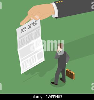 Job offer flat isometric vector concept. Businessman is standing in front of the paper sheet with new job conditions that is held by a big hand. Stock Vector