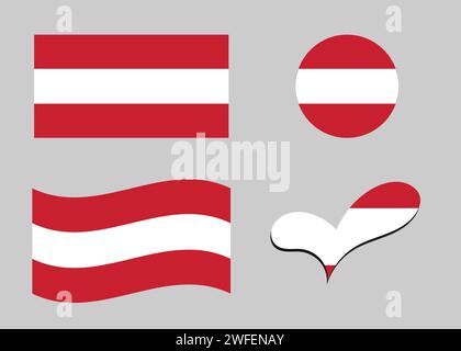 Flag of Austria. Austria flag in heart shape. Austria flag in circle shape. Country flag variations Stock Vector