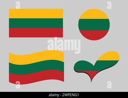 Flag of Lithuania. Lithuania flag in heart shape. Lithuania flag in circle shape. Country flag variations Stock Vector