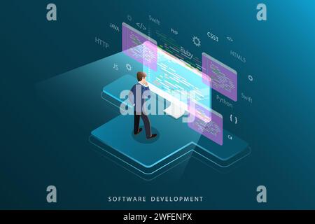 Flat isometric vector concept of software development, programming, coding. Stock Vector
