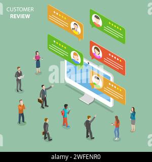 Customer review flat isometric vector concept. Speech bubbles with customer comments are popping out from the PC monitor. People around it are discuss Stock Vector