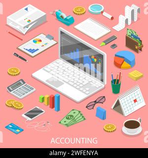 Accounting flat isometric vector concept. Laptop with some charts on its screen surrounded by the accounting attributes. Stock Vector