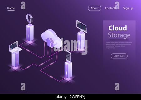Flat isometric vector concept of cloud online storage, big data computing service, mobile device sync. Stock Vector