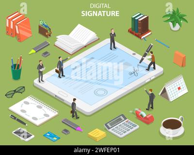Digital signature flat isometric vector concept. Group of people are concluding a contract and signing it using digital tablet. Stock Vector