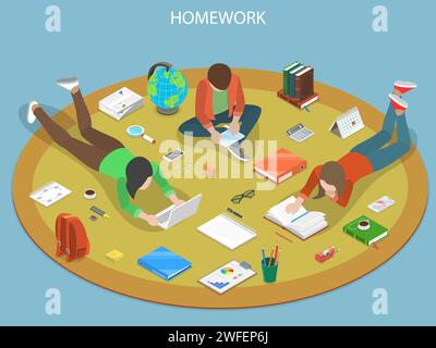 Homework flat isometric vector concept. Students are doing their homework together. Stock Vector