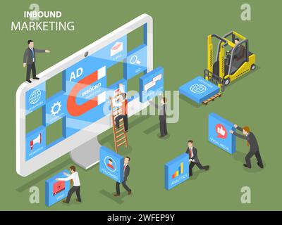 Inbound marketing flat isometric vector concept. People are trying to design a composition on the pc monitor that shows the major points of advertisin Stock Vector