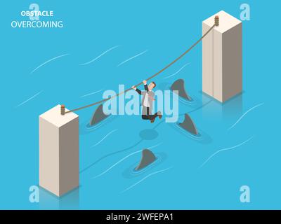 Obstacles overcoming flat isometric vector concept. A businessman is trying to get to the other pillar using a rope with sharks floating beneath him. Stock Vector