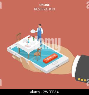Restaurant online booking flat isometric vector concept. Hand is holding a smartphone with served table, chairs and a waiter with a dish. Stock Vector