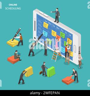 Online schedule flat isometric vector concept. People are filling a schedule on smartphone screen using colorful stickers and a pen. Stock Vector