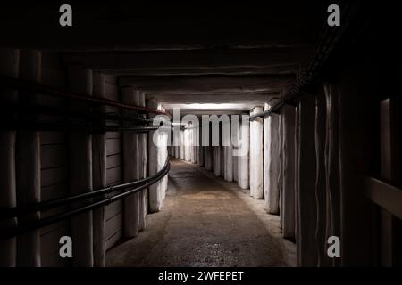 Wooden casing around the historic mine gallery. Traditional materials used in mine security Stock Photo