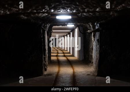 Wooden casing around the historic mine gallery. Traditional materials used in mine security Stock Photo