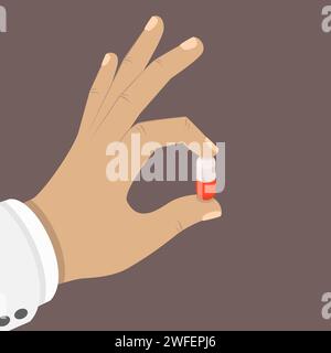 One pill in a hand flat isometric vector concept. Doctor hand is holding a red and white pill with his fingers. Stock Vector