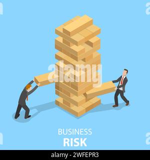 Business risks flat isometric vector concept. Two businessmen are playing the Tower game. Stock Vector