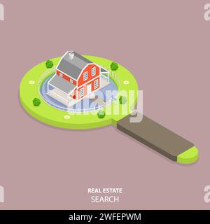 Real estate search flat isometric vector concept. House is located on the magnifying glass that looks like a lawn with bushes and flowers. Stock Vector