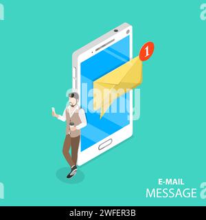 Mobile e-mail notification flat isometric vector concept. A man is browsing his new messages on its gadget standing beside the huge smartphone with no Stock Vector