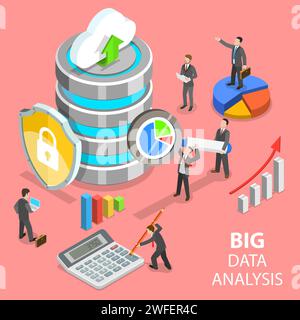 Flat isometric vector concept of big data analysis, distributed database. Stock Vector