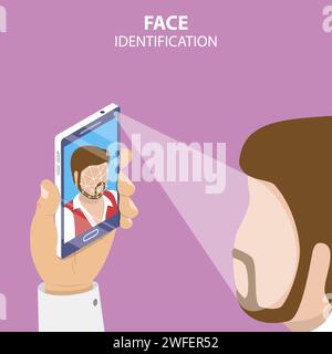 Flat isometric vector concept of biometric idetification, facial recognition system, digital verification. flat, isometric, vector, Stock Vector