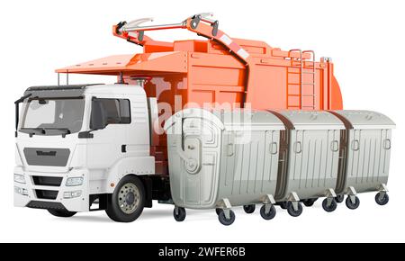 Garbage Truck with outdoor large garbage trash containers. 3D rendering isolated on white background Stock Photo