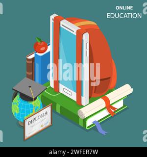 Online education flat isometric low poly vector concept. Smartphone is standing on the book with a school backpack hanging on it surrounded by the edu Stock Vector